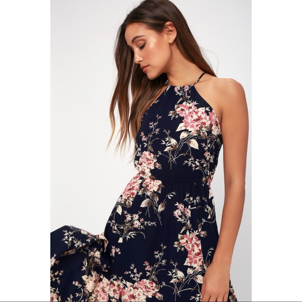 NWOT Lulus Feel the Music Midnight Blue Floral Print Maxi Dress Small